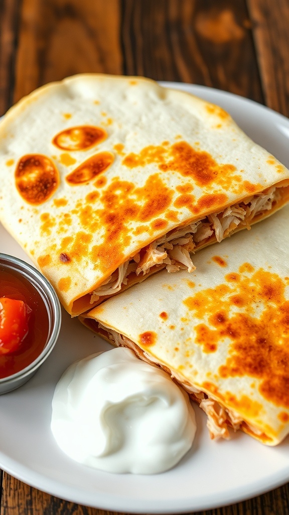 Crispy chicken quesadilla sliced into wedges with cheese and chicken filling, served with sour cream and salsa.